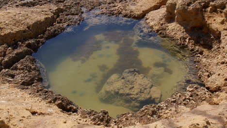 Puddles-On-Hollow-At-The-Low-Rock-Cliffs-Of-Algarve-Shoreline,-Portugal