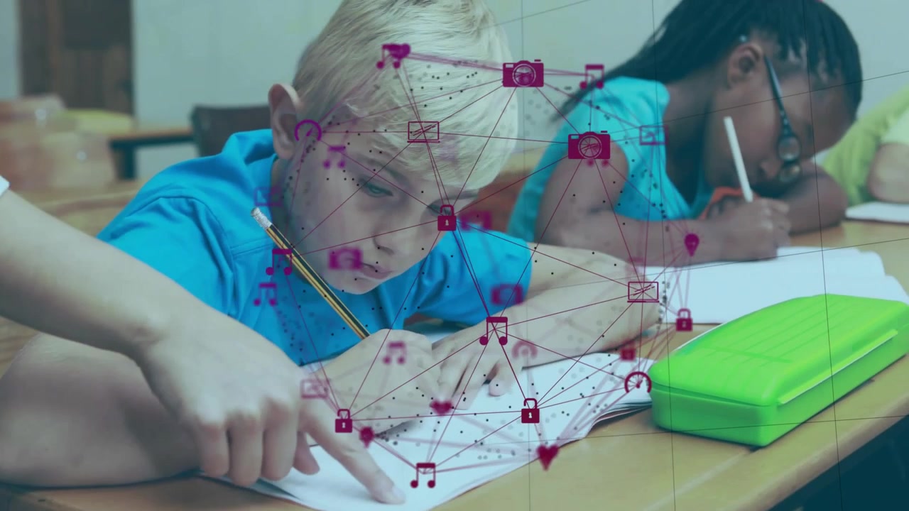 Teacher entering classroom sliding paper to boy and guiding girl writing, with animated icons