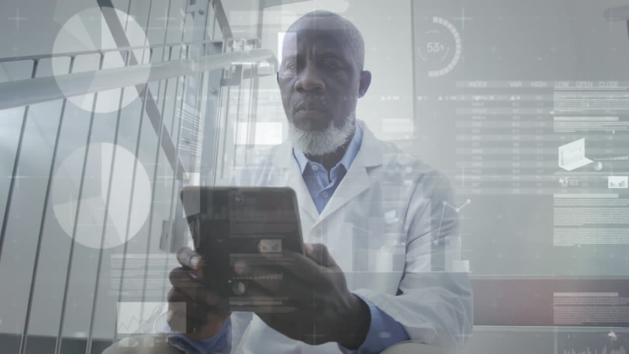 Male doctor sitting holding tablet, interacting with floating data charts in health research lab