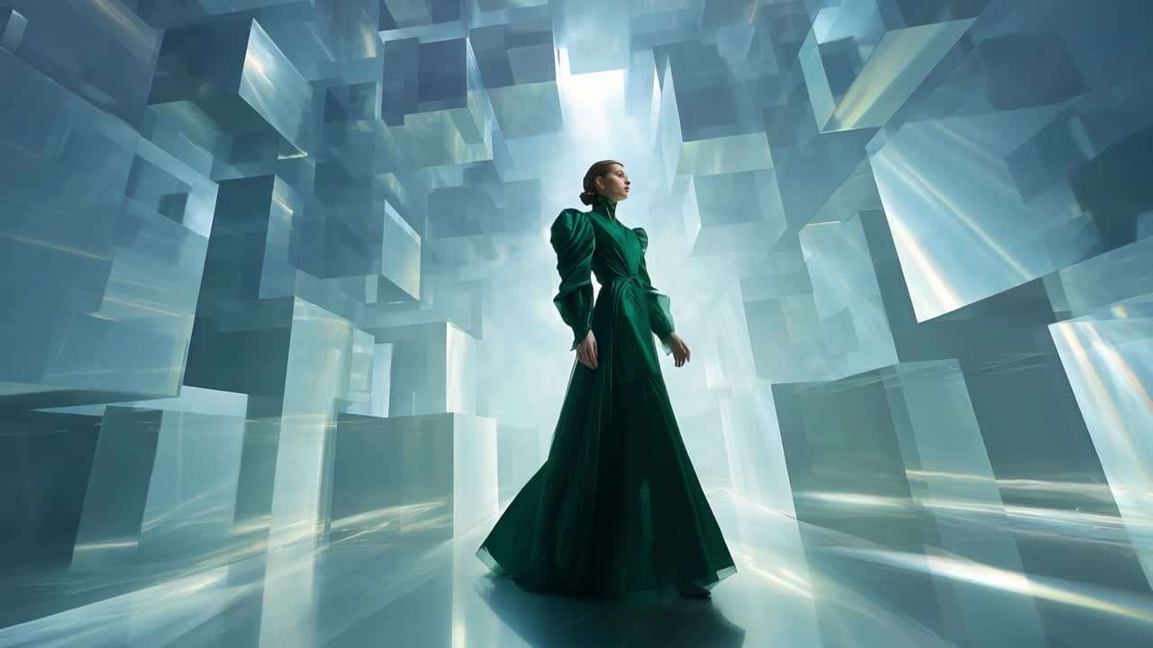 A graceful figure dressed in an elegant green gown stands poised in a futuristic, surreal environment filled with translucent, geometric structures reflecting light in a captivating display of art and fashion