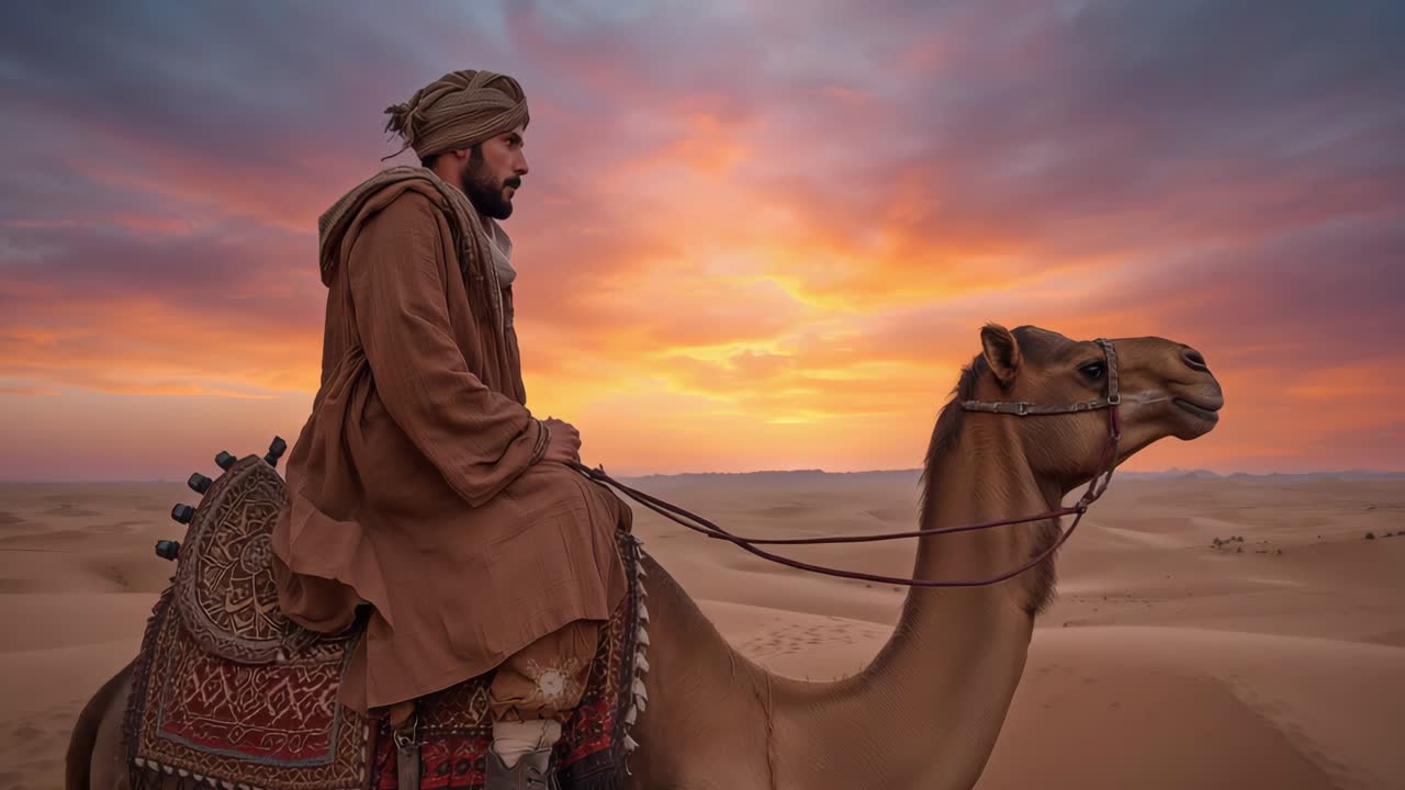Man Riding a Camel in the Desert at Sunset
