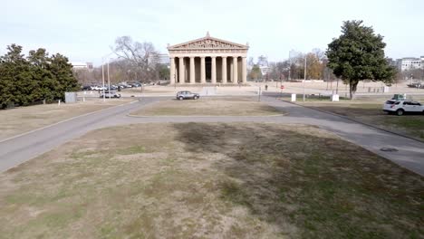 parthenon building in nashville, tennessee with drone video moving in low