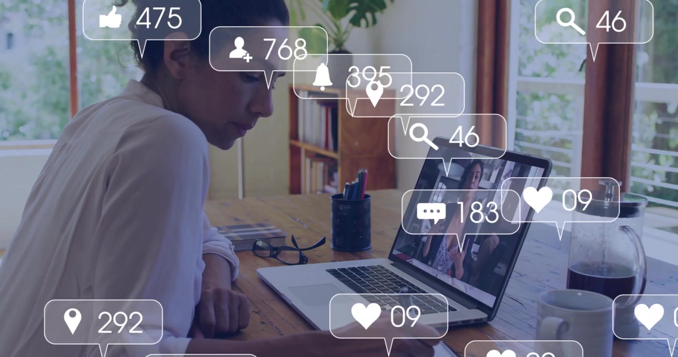 Female professional joining remote meeting, taking notes tracking metrics icons pulsing around