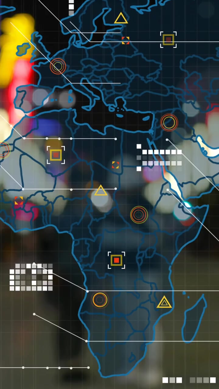 Animation of world map with data processing over pedestrians on city street at night
