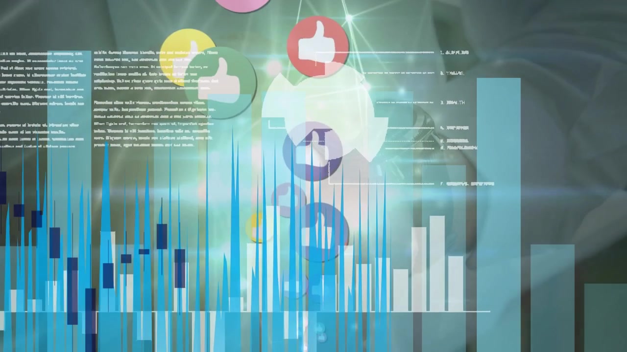 Animazione di icone dei social media su elaborazione dati su schermo sullo sfondo.