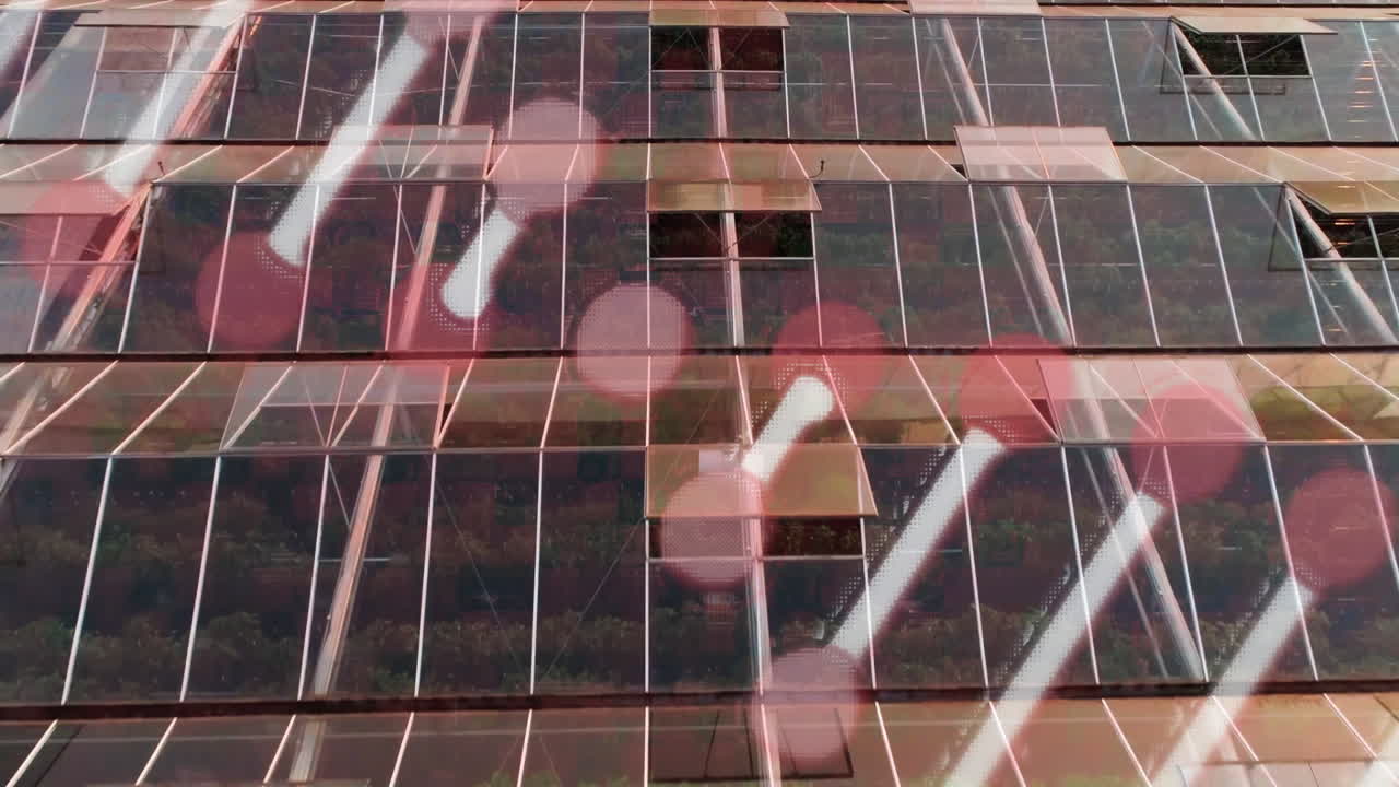 Modern building facade being animated in flat design, showing tilting panels with pink bokeh