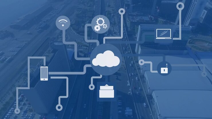 Animation of network of connections with icons over cityscape