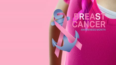 Animation-of-breast-cancer-awareness-text-over-caucasian-woman-with-pink-ribbon-on-pink-background