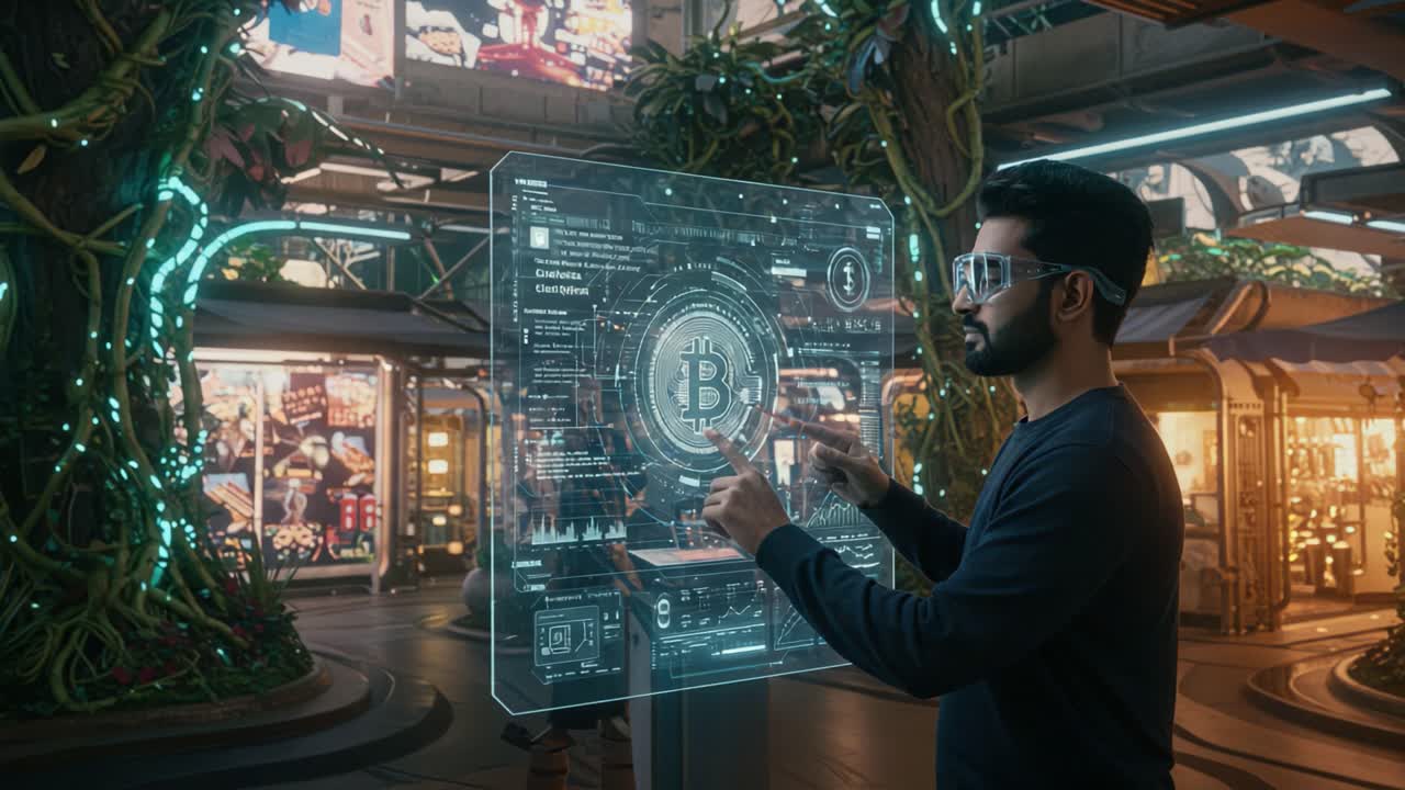 A Futuristic Scene Featuring a Individual Analyzing Digital Cryptocurrency Data Through a Transparent Interface Within a Lively Cybernetic Environment