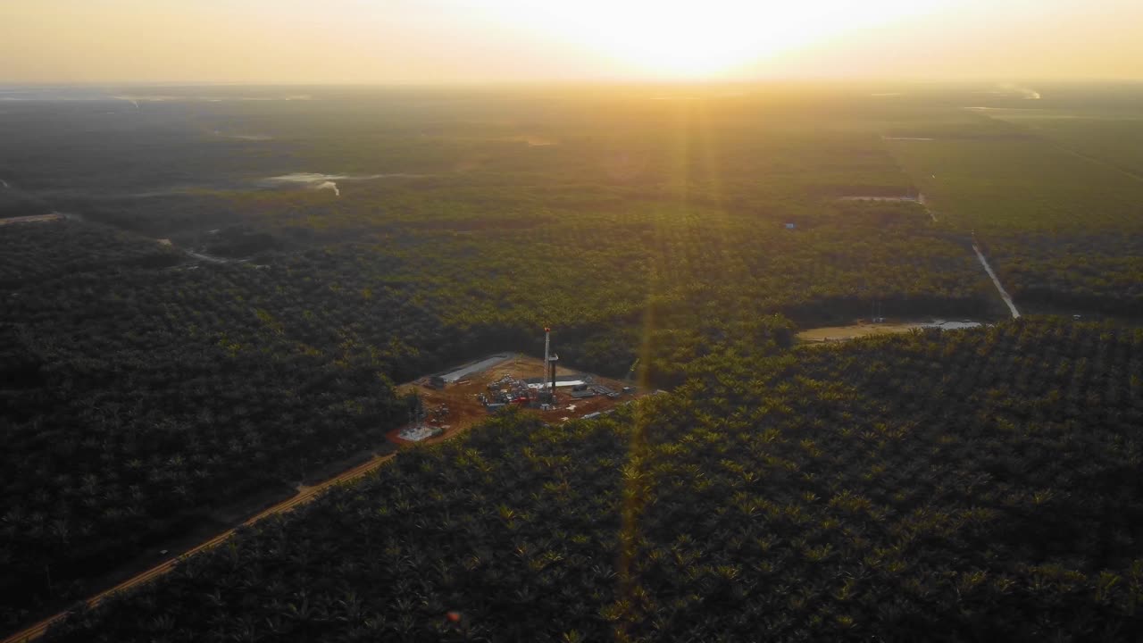 imágenes cinematográficas de drones de 4k de la estructura del equipo de la plataforma de perforación en tierra para la exploración y explotación de petróleo en medio de la jungla rodeada de palmeras durante la puesta de sol y el alto precio del petróleo