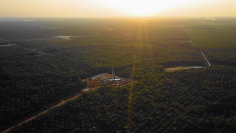 Filmische-4k-Drohnenaufnahmen-Von-Onshore-Bohranlagen-Für-Die-Ölexploration-Und--ausbeutung-Mitten-Im-Dschungel,-Umgeben-Von-Palmen-Bei-Sonnenuntergang-Und-Hohem-Ölpreis