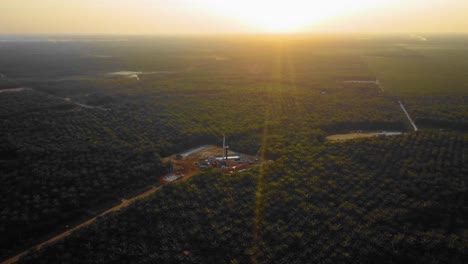 imágenes cinematográficas de drones de 4k de la estructura del equipo de la plataforma de perforación en tierra para la exploración y explotación de petróleo en medio de la jungla rodeada de palmeras durante la puesta de sol y el alto precio del petróleo