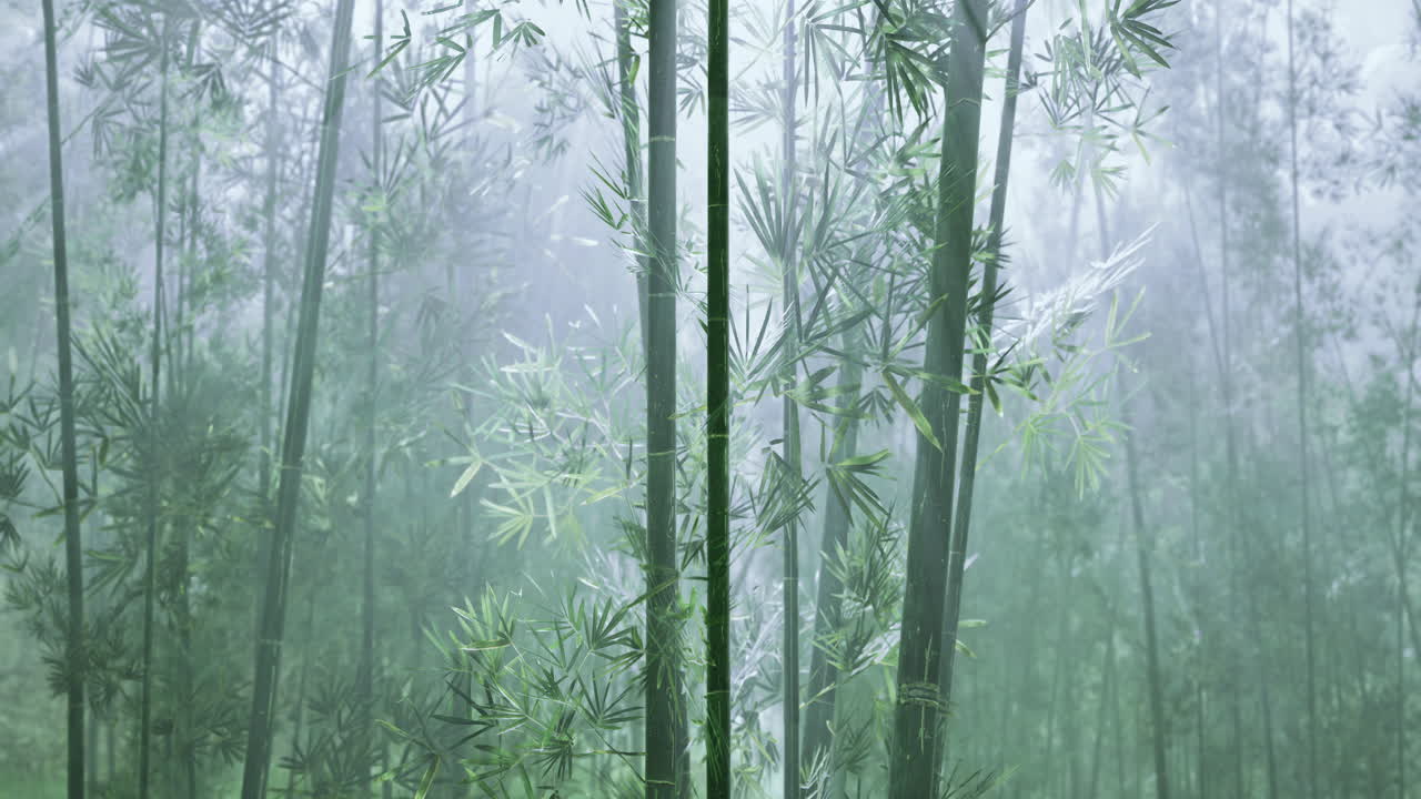 Enchanting misty bamboo forest on a quiet morning stroll in nature