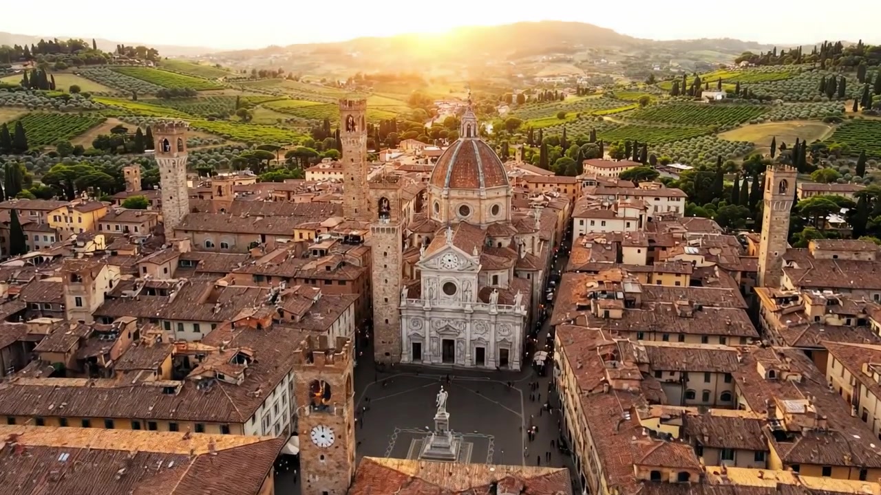Veduta aerea di un paesaggio urbano storico al tramonto: paesaggio sereno con architettura antica e rigogliosi uliveti sullo sfondo che creano una scena pittoresca