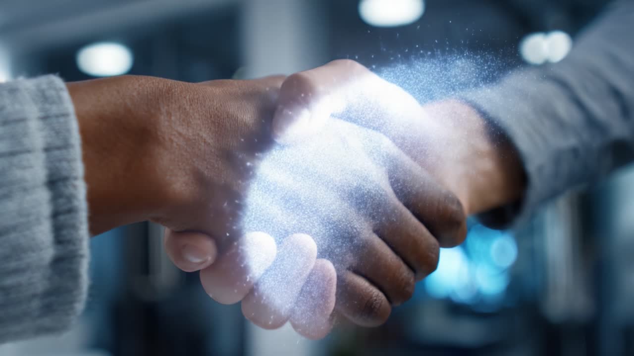 Symbolic Handshake Between Diverse Individuals Signifying Collaboration and Unity in a Modern, Digital Environment Filled with Sparkling Effects and Light