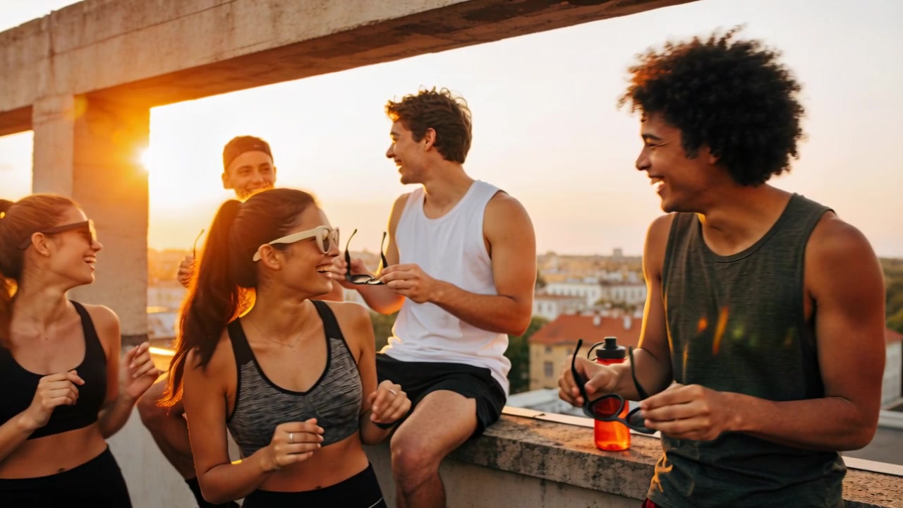Lifting sunglasses, athletic friends reacting to sun glare, chatting on rooftop, orange bottle