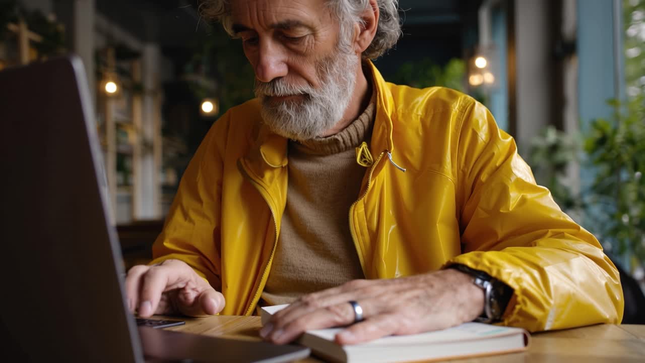 Un uomo con una giacca giallo brillante lavora al laptop. Digita con calma e concentrazione, indossando anelli e un orologio. Le luci del caffè brillano dolcemente dietro di lui. È seduto vicino a un libro, con le mani ferme e gli occhi sullo schermo