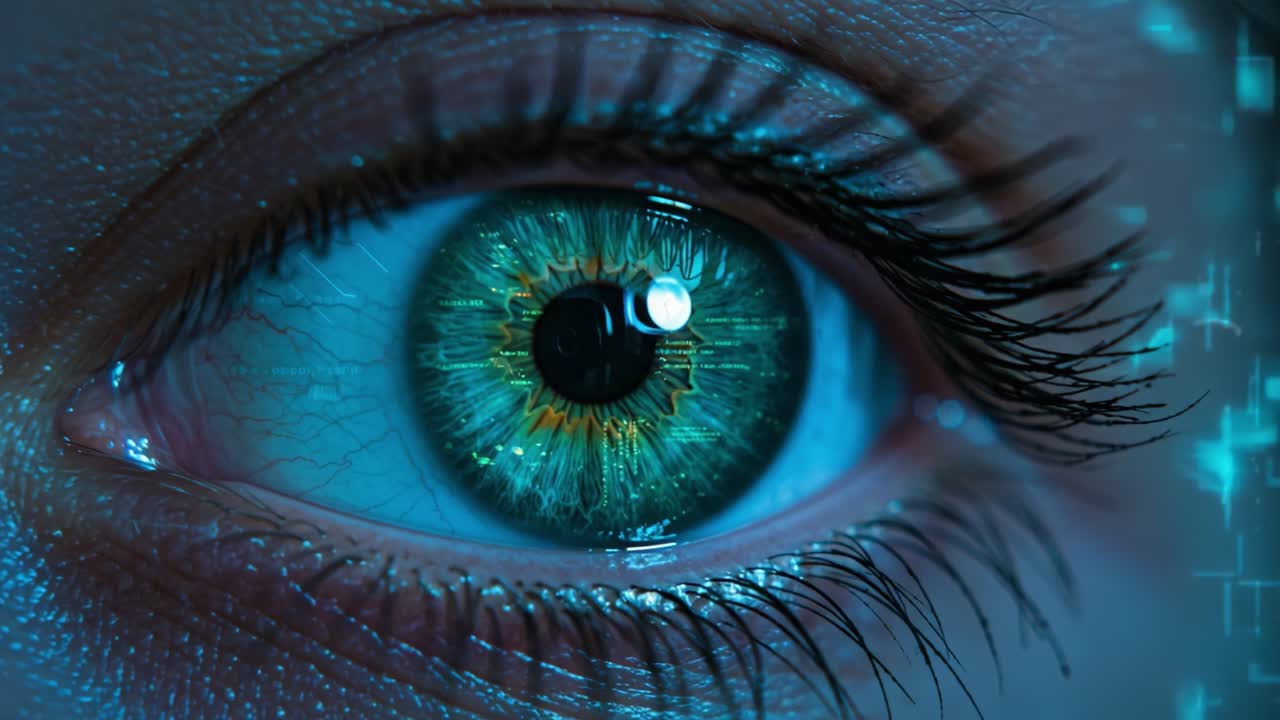 A Mesmerizing Close-Up of a Human Eye with Digital Elements, Showcasing Intricate Patterns and Vibrant Colors, Highlighting the Intersection of Biology and Technology