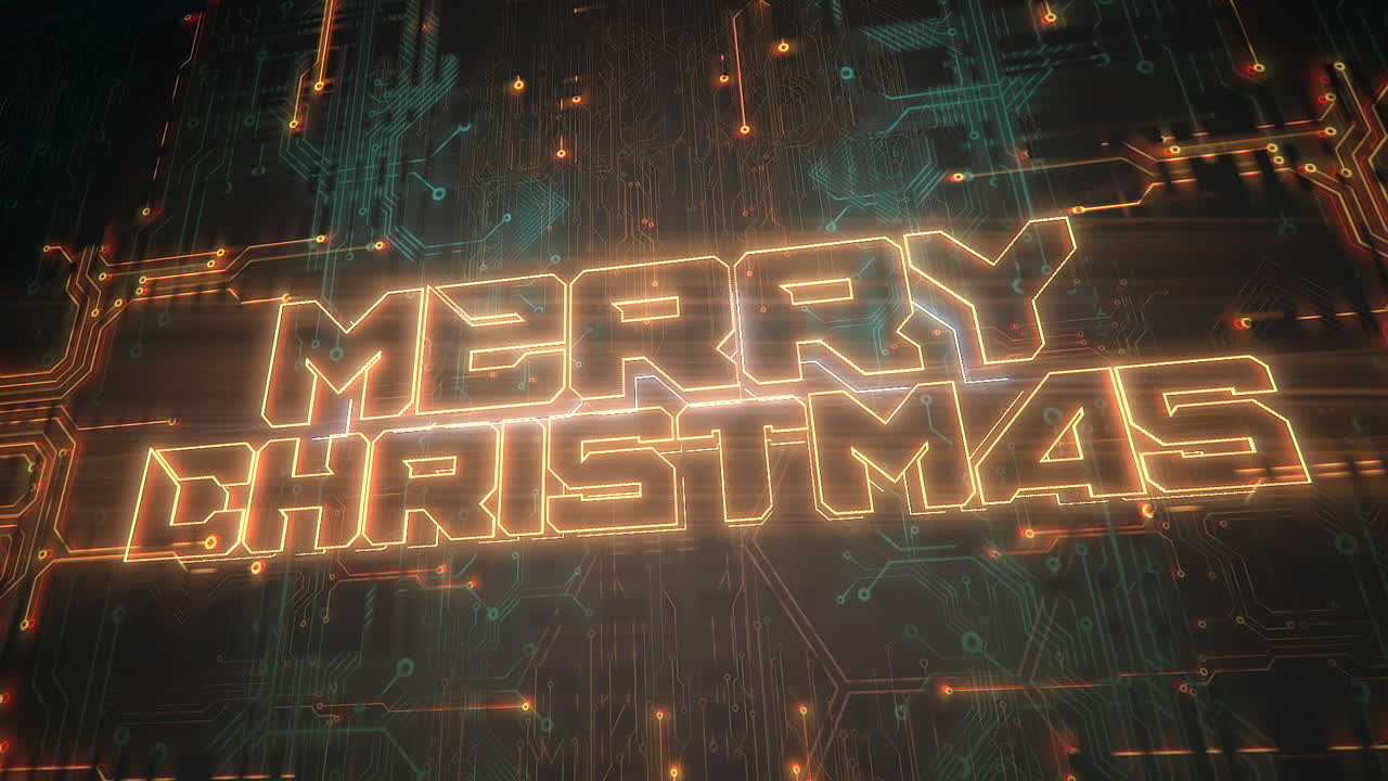 컴퓨터 칩과 네온 불빛이 있는 애니메이션 텍스트 메리 크리스마스와 사이버펑크 애니메이션 배경