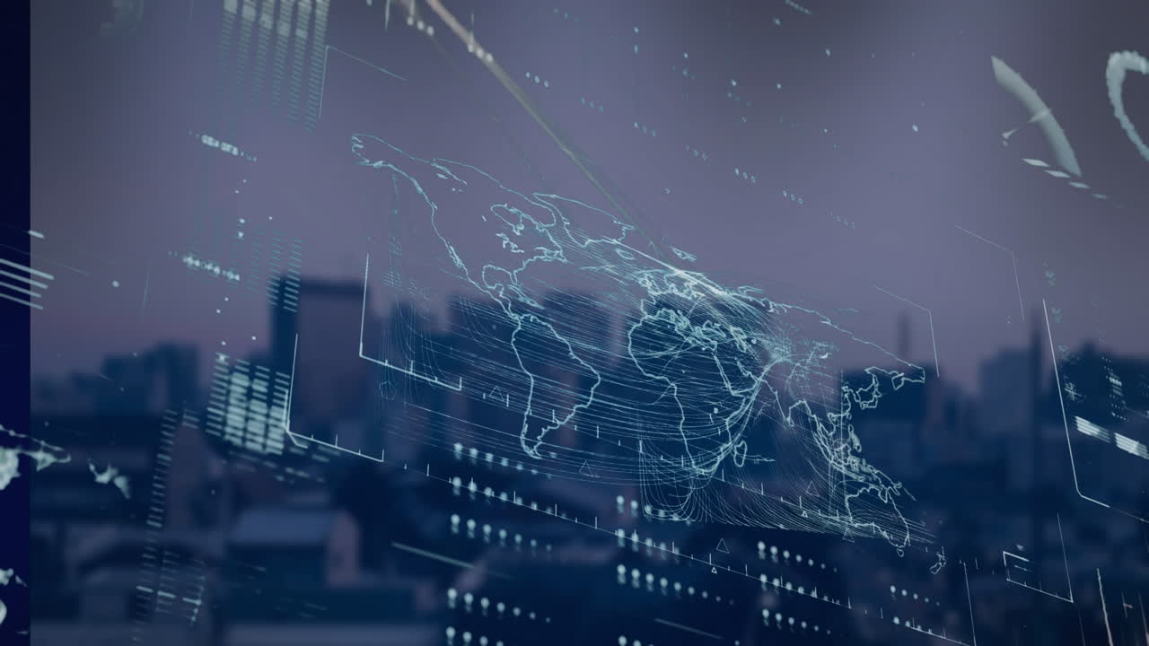 도시 풍경 위의 세계 지도와 함께 데이터 처리의 애니메이션