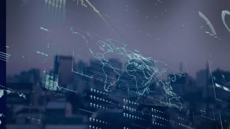 animation of data processing with world map over cityscape