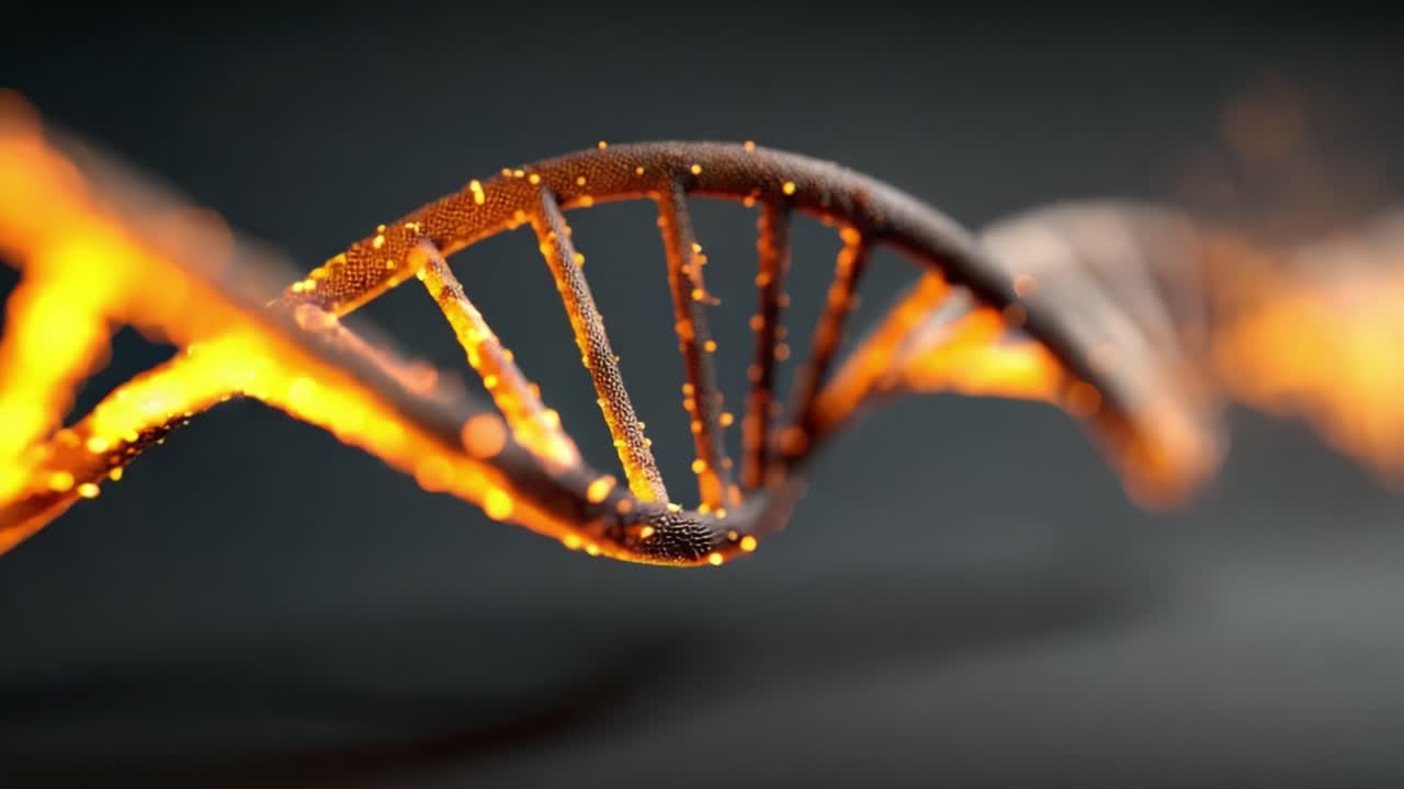 Una straordinaria rappresentazione visiva della struttura del DNA: catturare l'essenza della vita con particelle arancioni luminescenti e intricati motivi elicoidali.