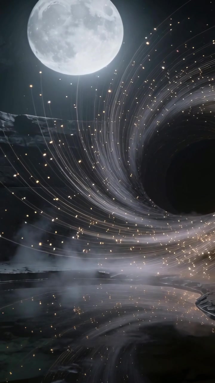 Vertical video: Rising full moon sparking vortex drawing stars inward over lake mirroring