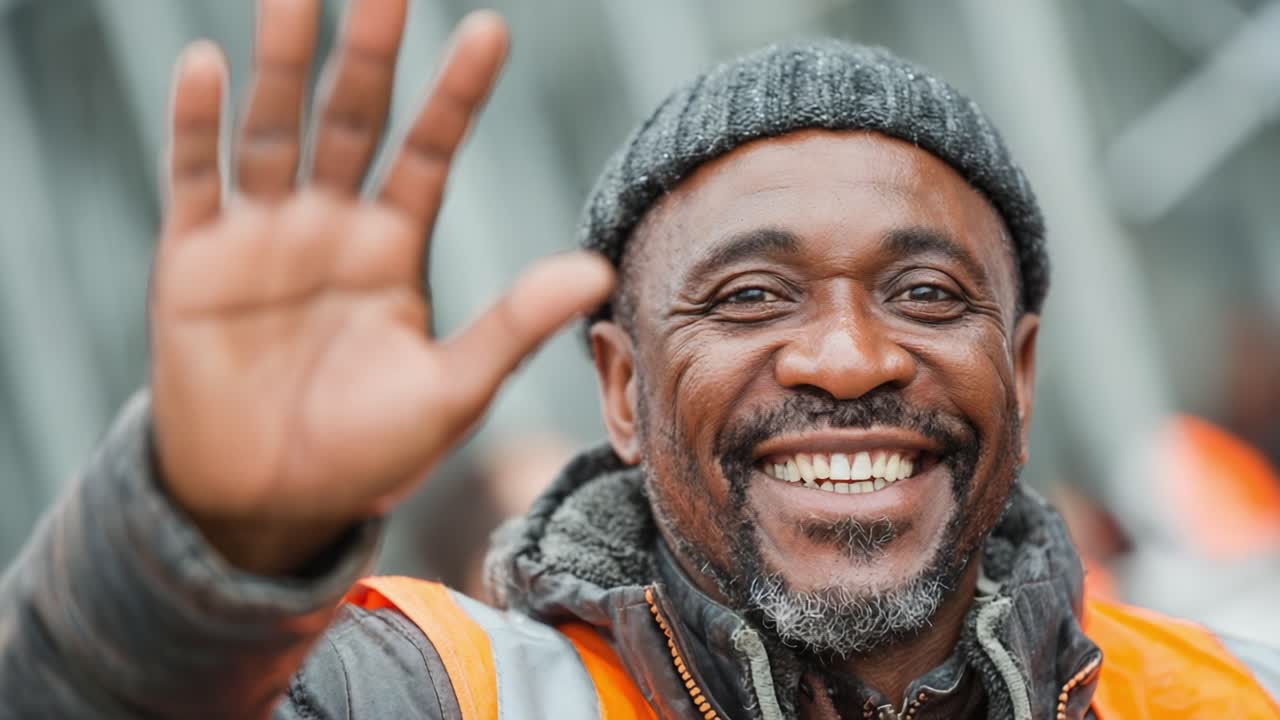 A smiling worker in safety gear waves enthusiastically, showcasing a positive attitude and readiness to engage with others in their professional environment