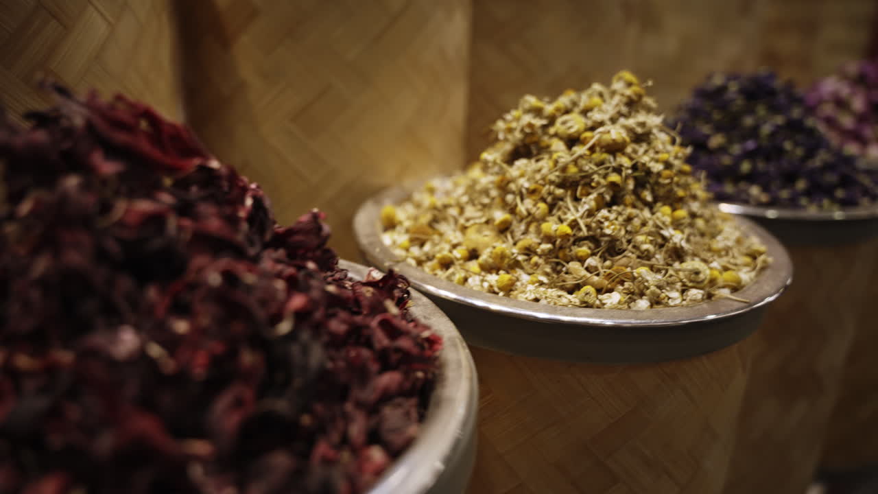Dried Flowers and Spices Display in a Market