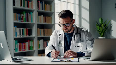 a male doctor or medical professional reviews documents at a desk in an office with bookshelves and laptops