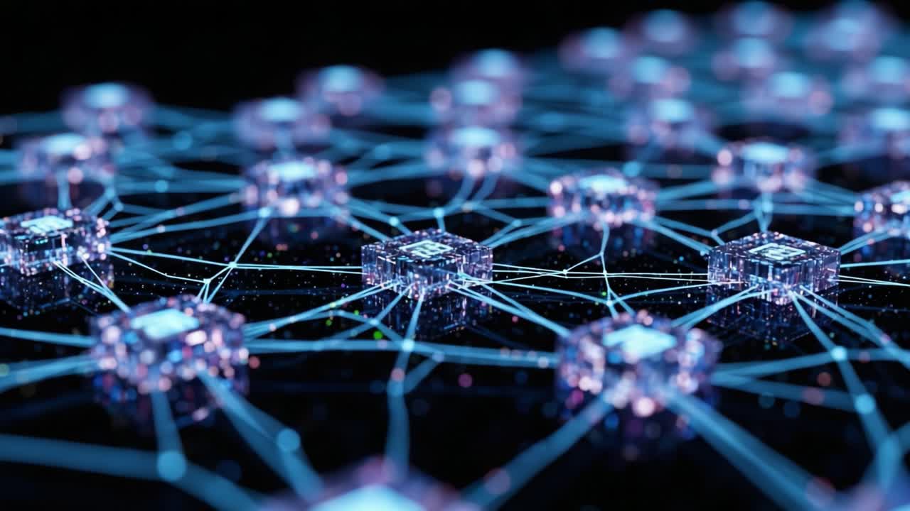 A Detailed View of a Complex Network of Transparent Hexagonal Nodes Connected by Illuminated Lines, Representing Advanced Digital Interconnectivity and Data Flow