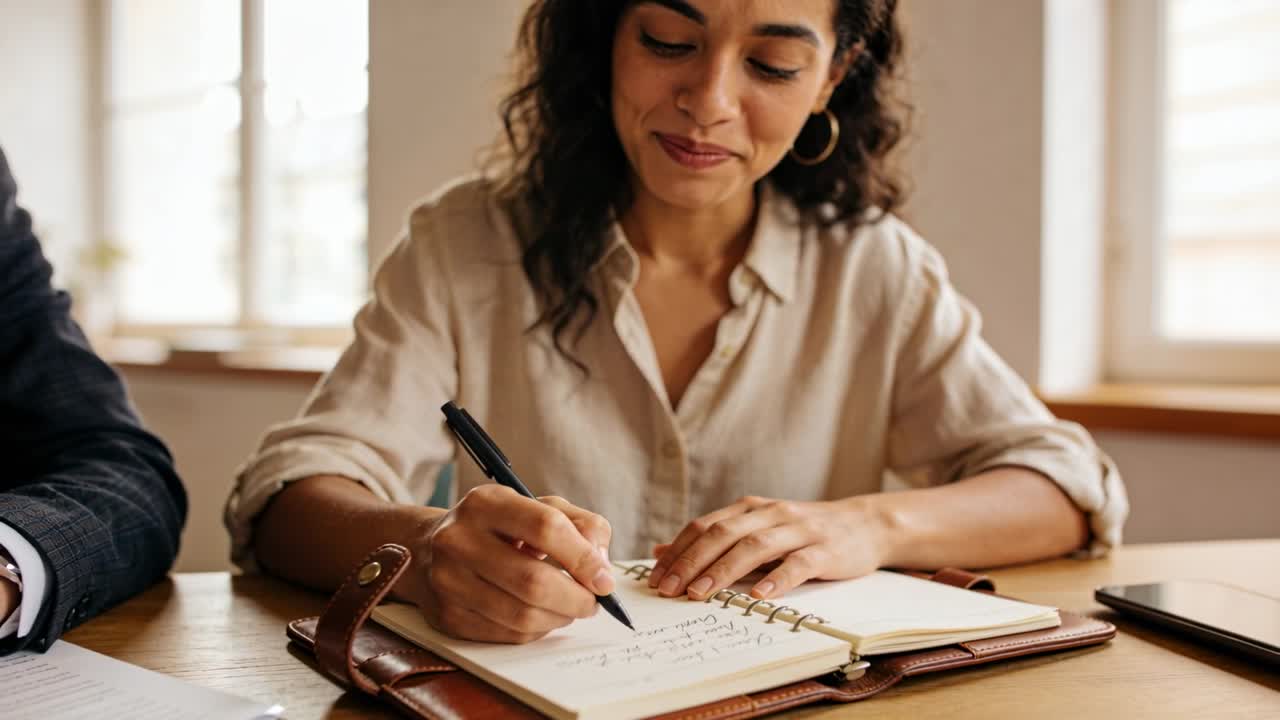 Leaning woman in button-up shirt writing notes in leather planner at meeting table, using black pen