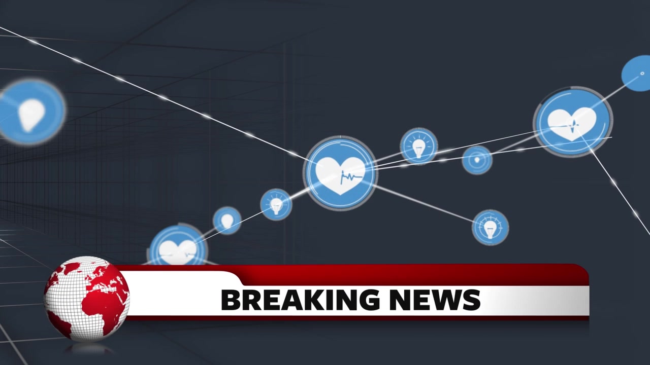 Animation of breaking news, globe, data processing and network of connections