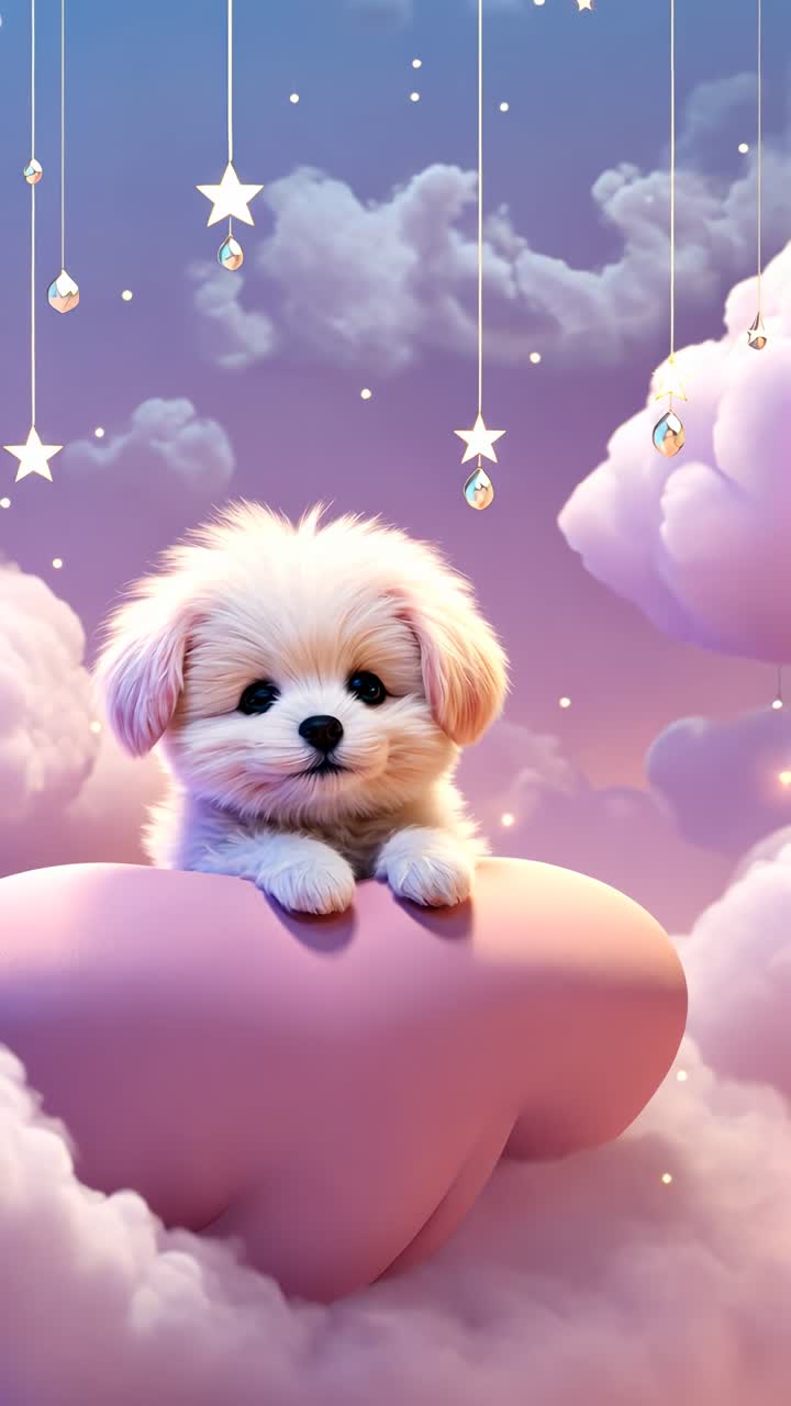 A cute puppy on a pink cloud with a dreamy, whimsical style. Soft lighting and a low-angle view