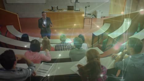 animación de la red brillante de conexiones sobre los estudiantes en la sala de conferencias