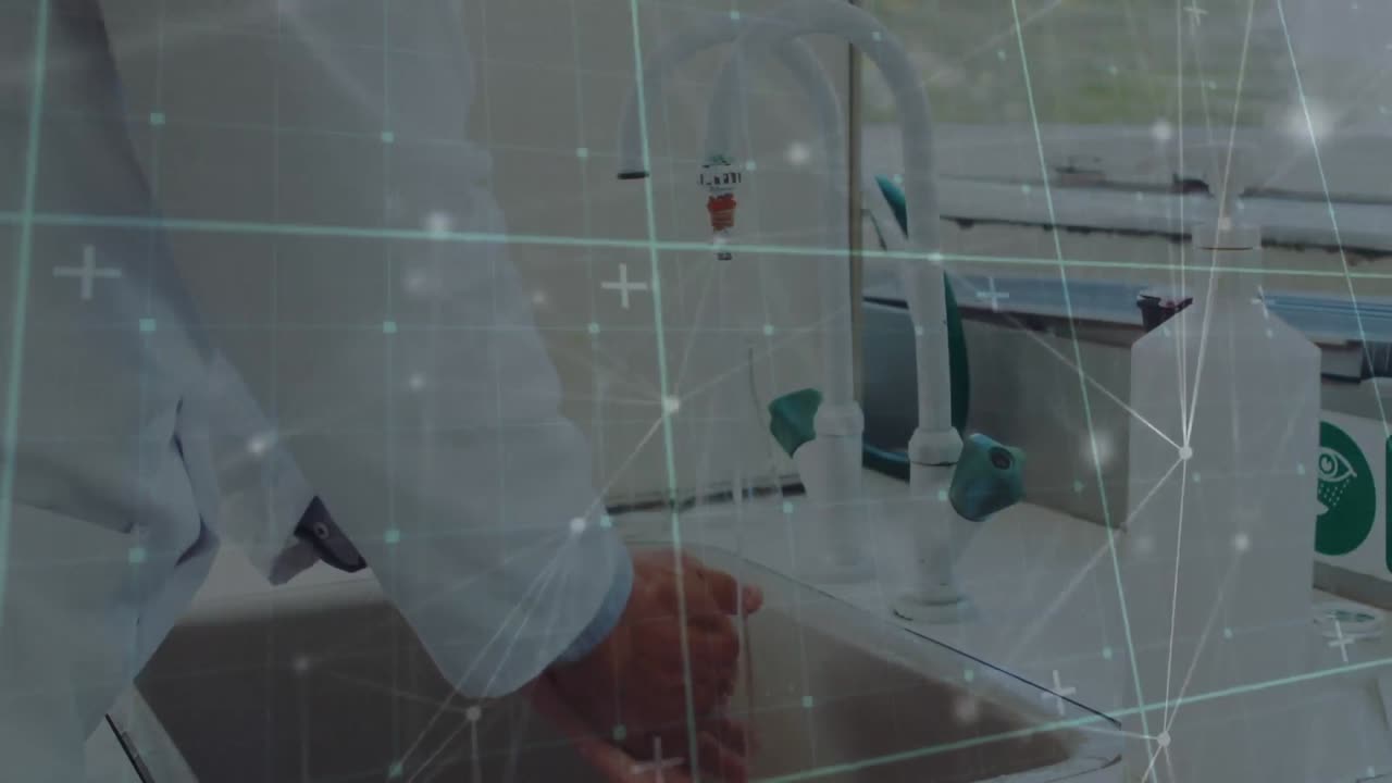 격자 패턴 위에 연결된 아이콘의 애니메이션 백인 남성 의사가 손을 는 중간 부분