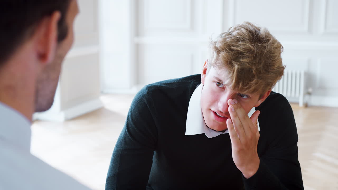 학교 상담원 이 우울증 에 걸린 남학생 과 대화 하고 있다