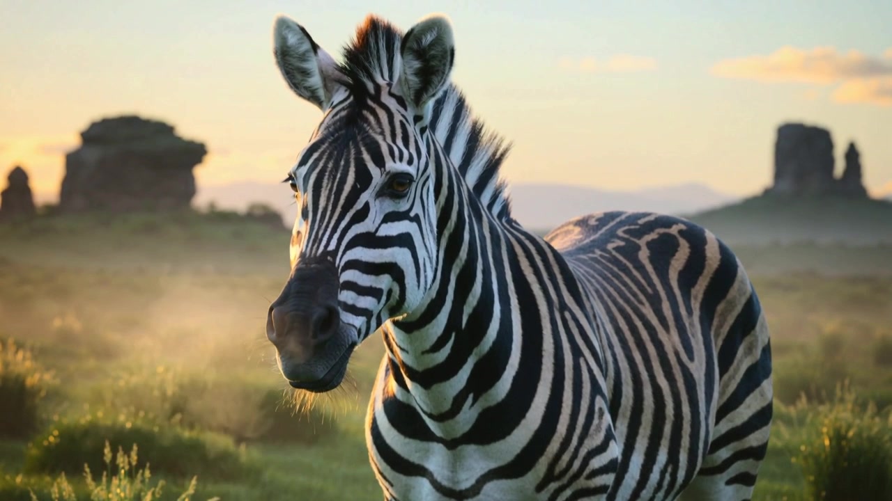 Una singola zebra delle pianure che pascola alza la testa dopo un leggero movimento della telecamera su una pianura erbosa, nebbia calda.