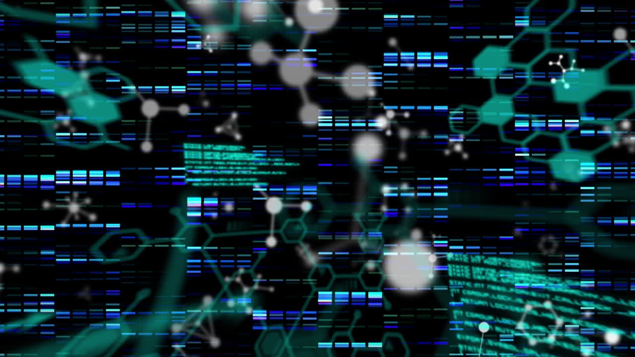 animación de formas y procesamiento de datos sobre fondo negro
