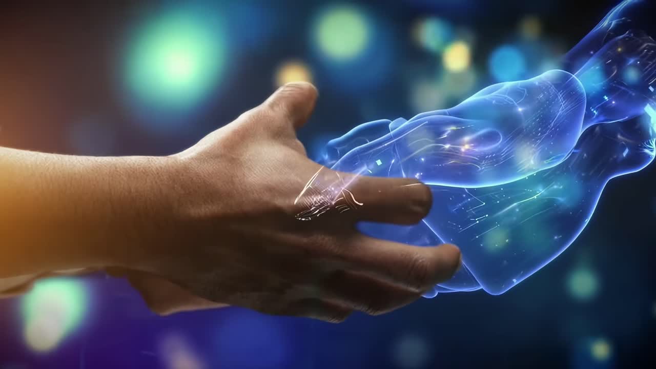 Mano umana si connette con mano digitale luminosa di intelligenza artificiale.
