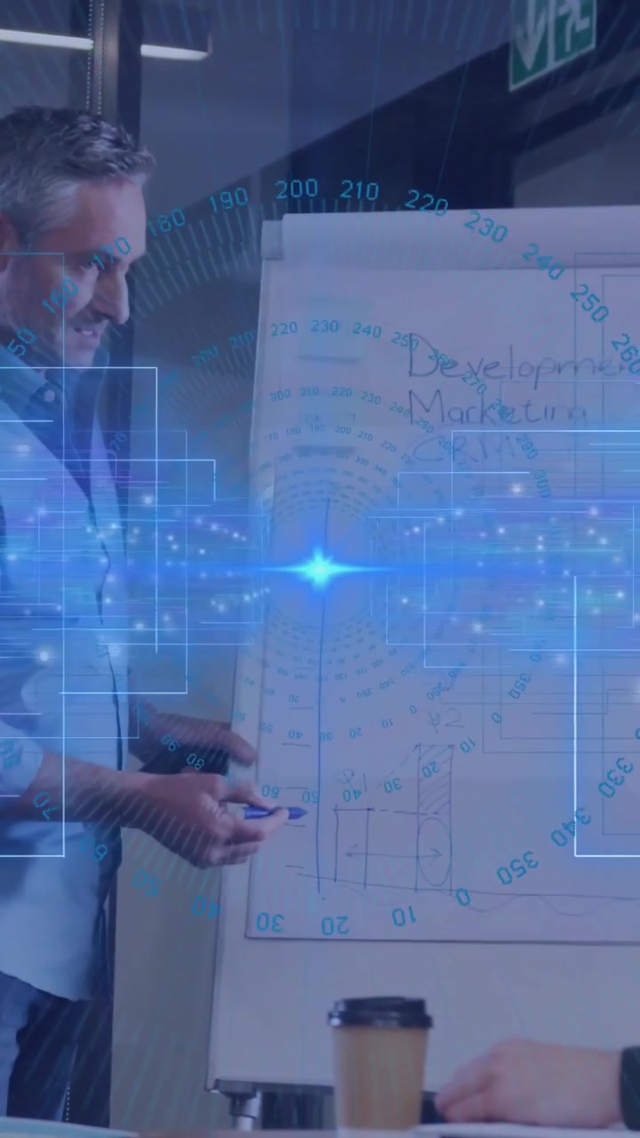 Vertical video: Male leader pointing to headings and sketching bar chart, blue HUD aiding marketing