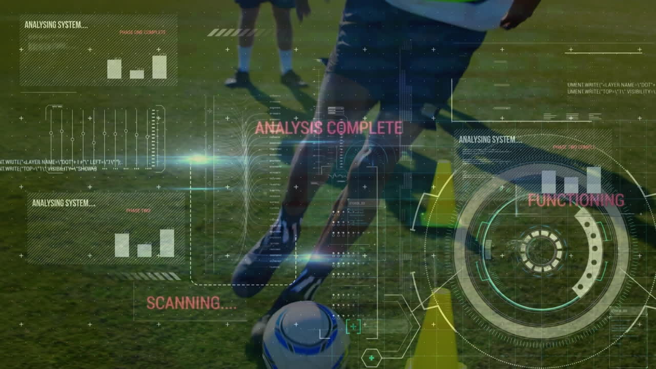 스포츠 경기장에서 다양한 남성 축구 선수들의 다리에 대한 데이터 처리 애니메이션