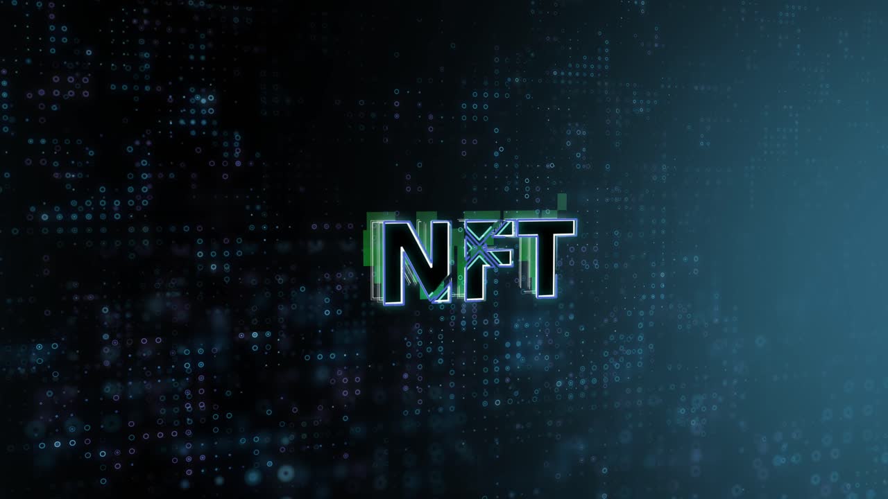 el texto del concepto nft revela la animación con el fondo de la tecnología digital abstracta. representación 3d para blockchain, metaverso, criptomoneda.