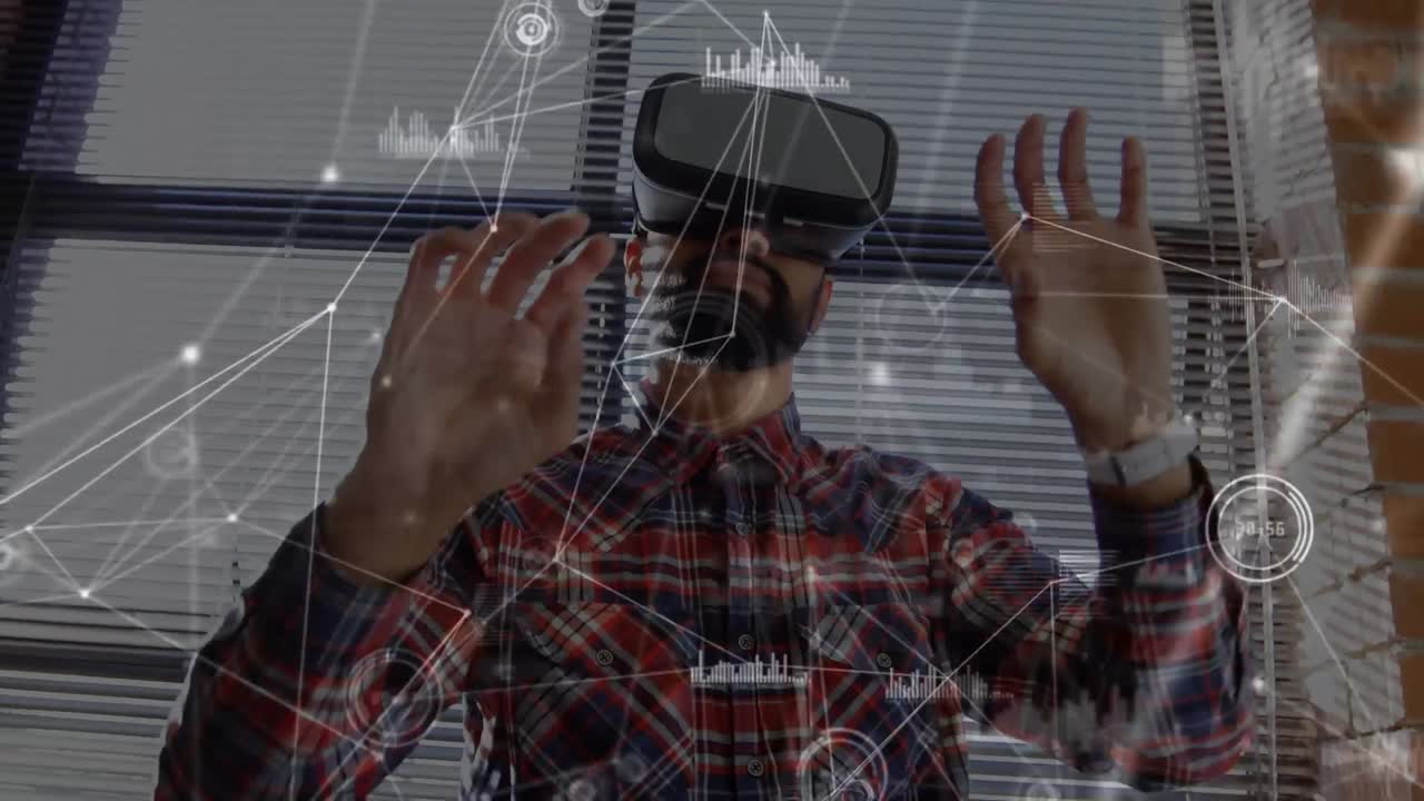 Animation of network of connections over man wearing vr headset