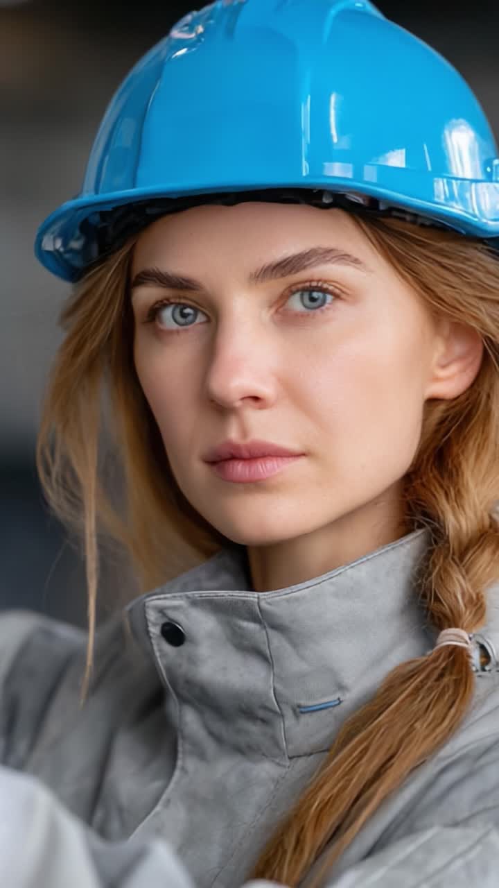 Operaio edile concentrato con cappello che mostra determinazione e professionalità in un ambiente industriale, sguardo accattivante e tratti espressivi