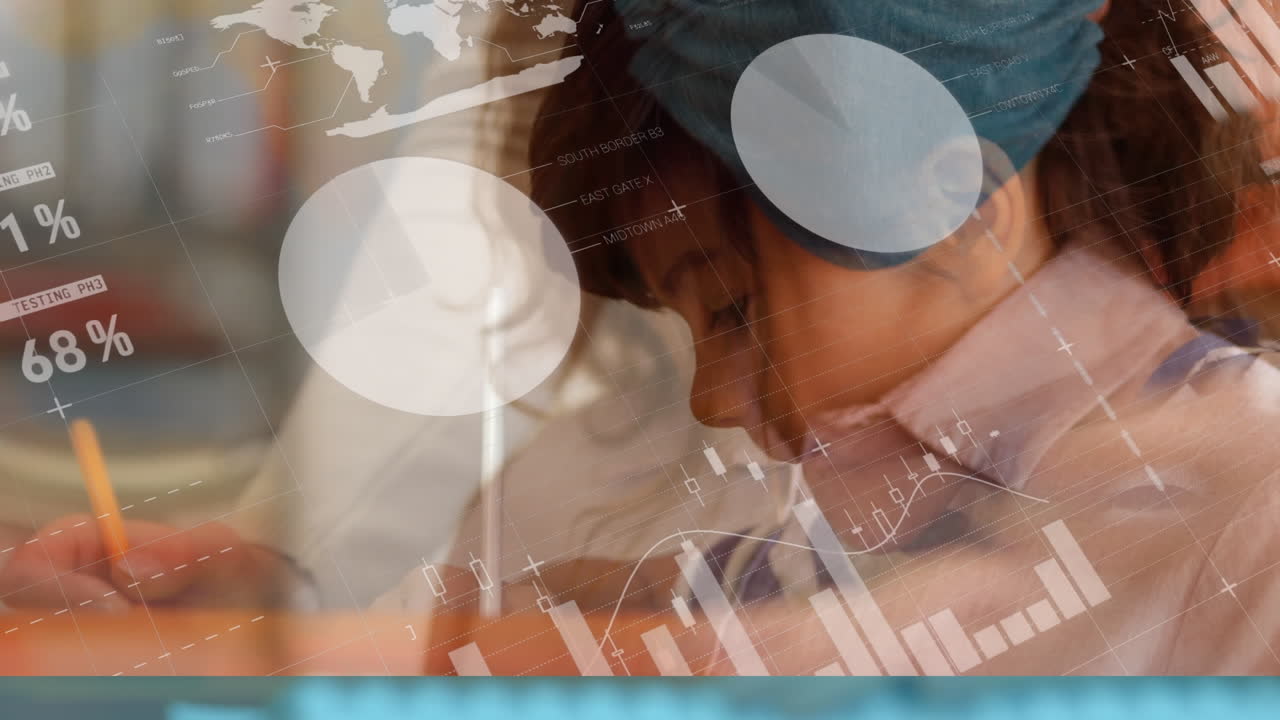 gráficos y gráficos sobre niños en edad escolar y mujer con coronavirus de máscara.