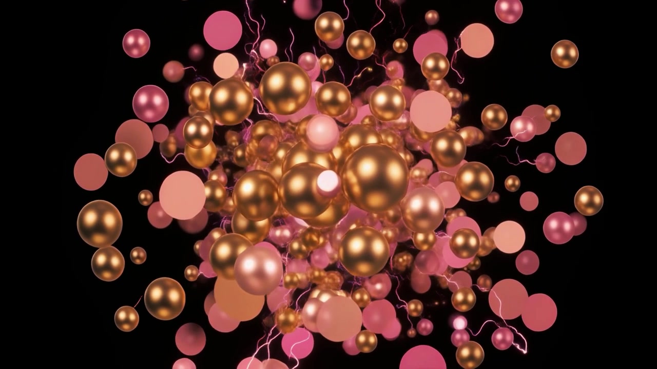 Animazione astratta di sfere dorate e rosa fluttuanti