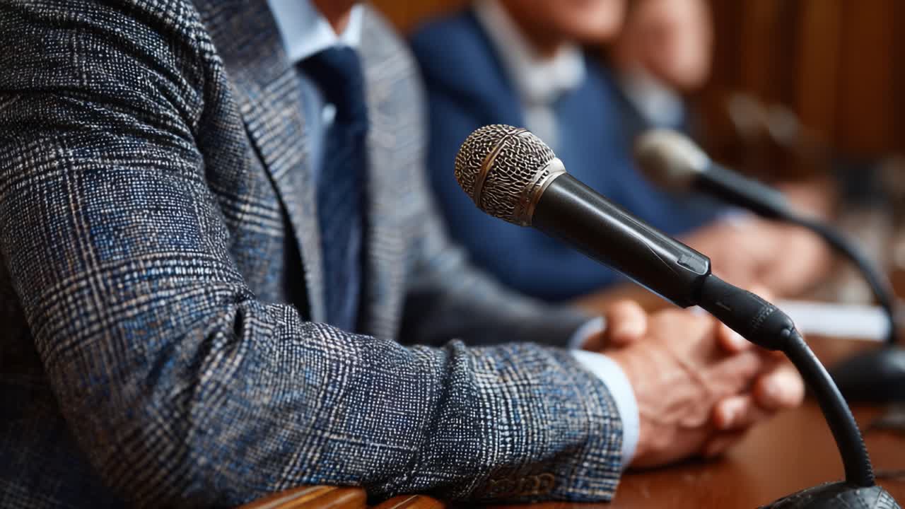 Engaging Discussion at a Formal Gathering: Close-up of Speakers at a Conference Table with Microphones Ready for Communicative Dialogue