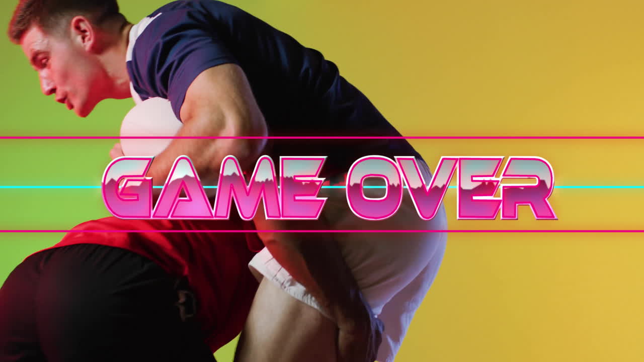 Game Over text animation over two athletes wrestling on yellow background