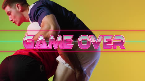 game over text animation over two athletes wrestling on yellow background